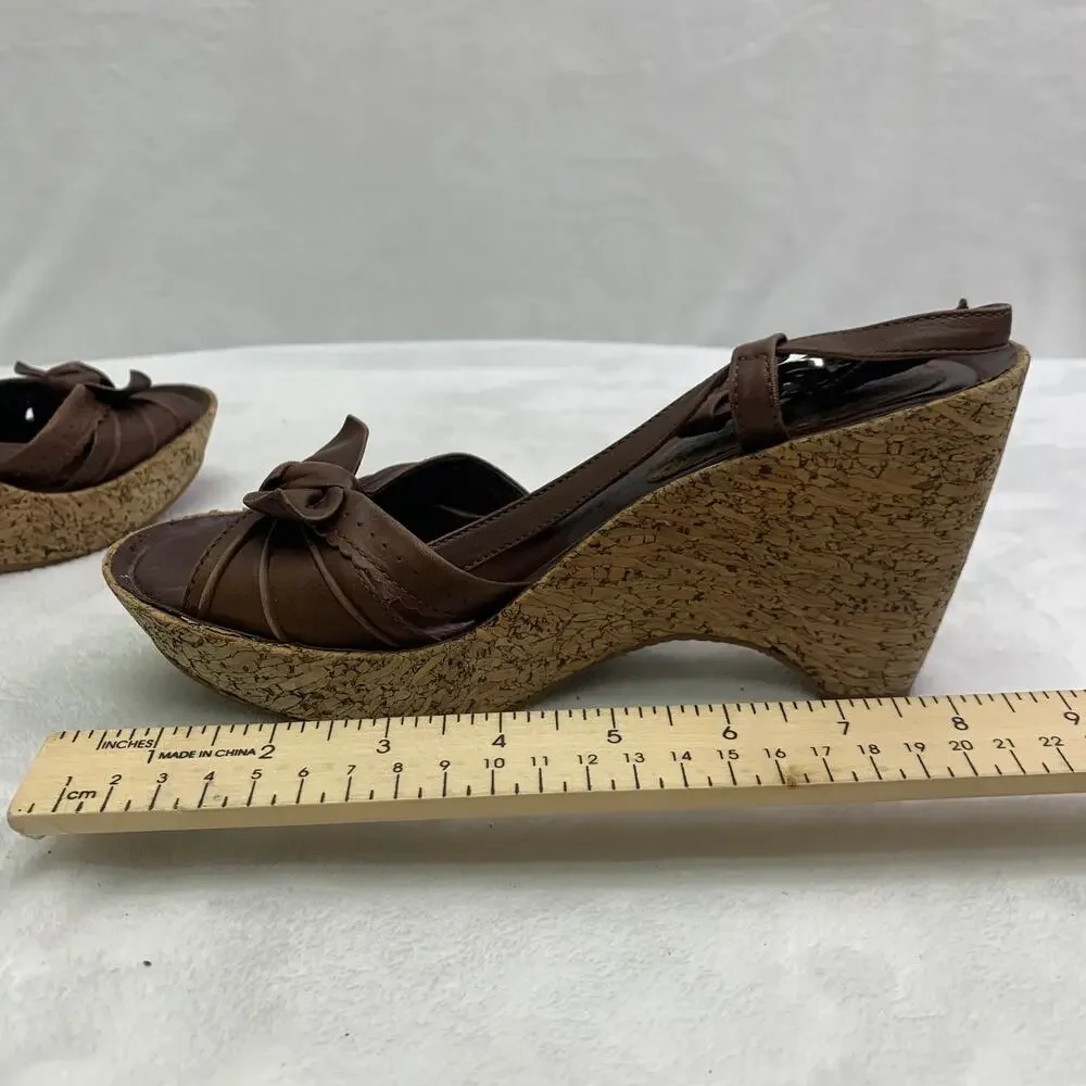 Firecracker Womens Sz 6 Leather Wedge Platform Sandals Heels Brown Bow Slingback